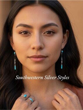 Vintage Navajo Style Southwestern Silver Turquoise Enamel Post Dangle Earrings